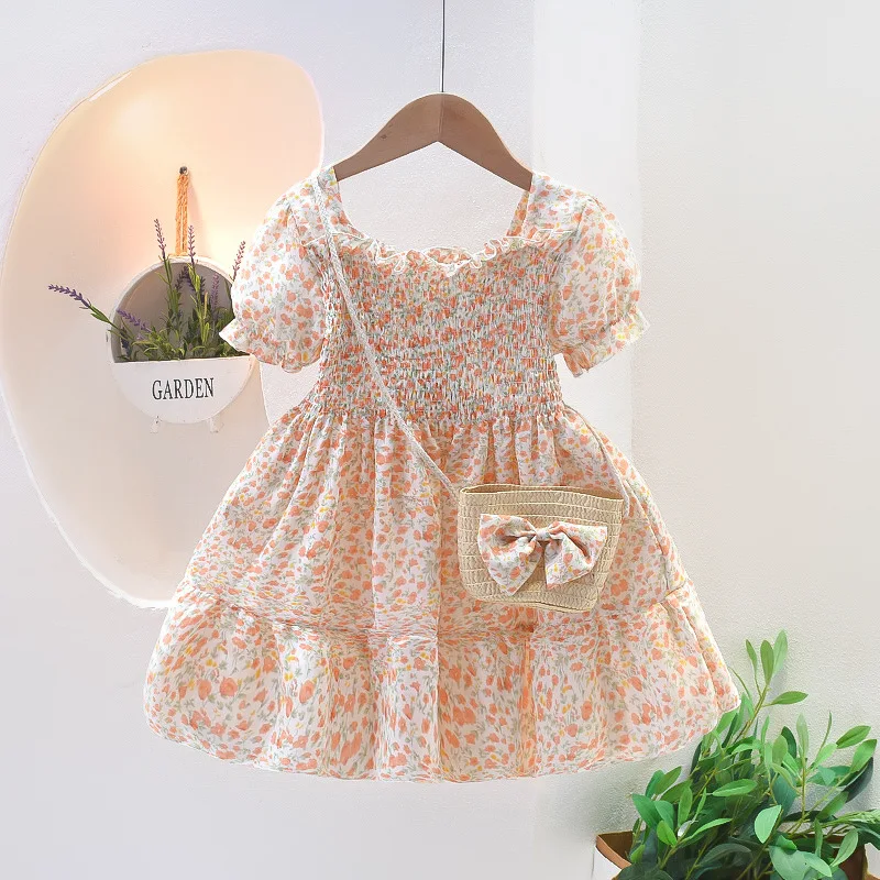 Girls Dress 2024 Summer Cool New Square Collar Children Floral Dresses Baby Princess Dress Little Girl Causal Apparel 1-7Years