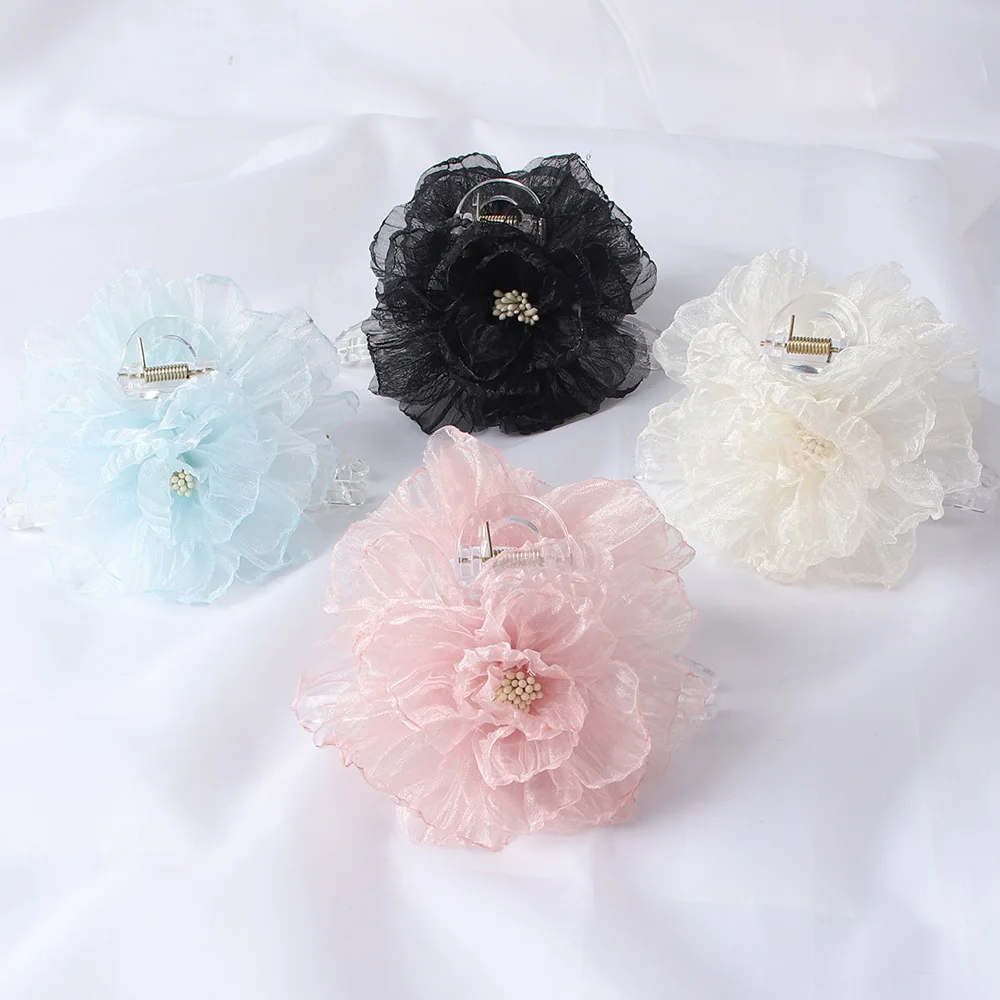 Organza Big Flower Hair Claw Clips Crab Barrettes Women Girls Transparent Ponytail Holder Hair Clamps Hair Accessories Fashion