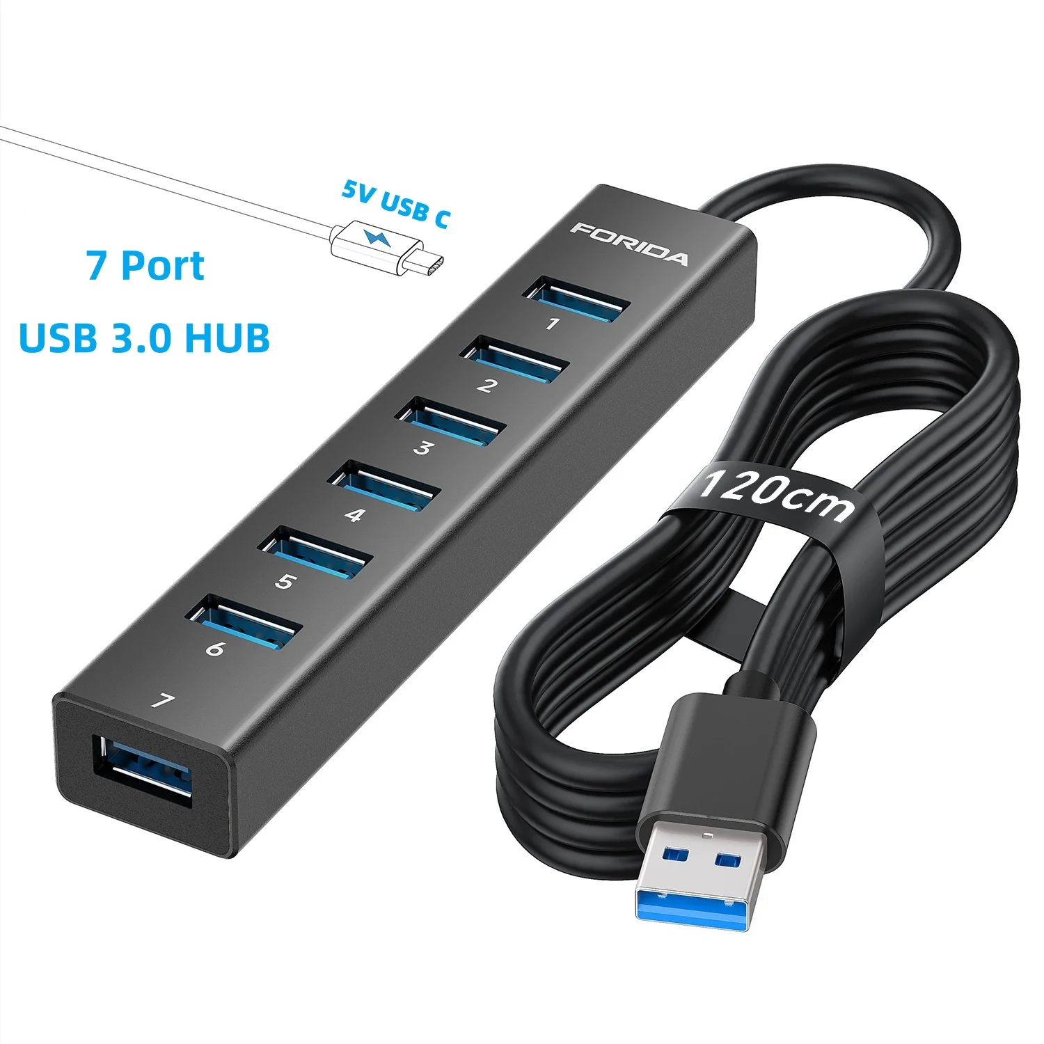 FORIDA 7 Ports 5Gbps USB A 3.0 Docking Station Aluminum Long Cable USB 3.0 Hub 5V Power Adapter for Laptop Desktop Keyboard