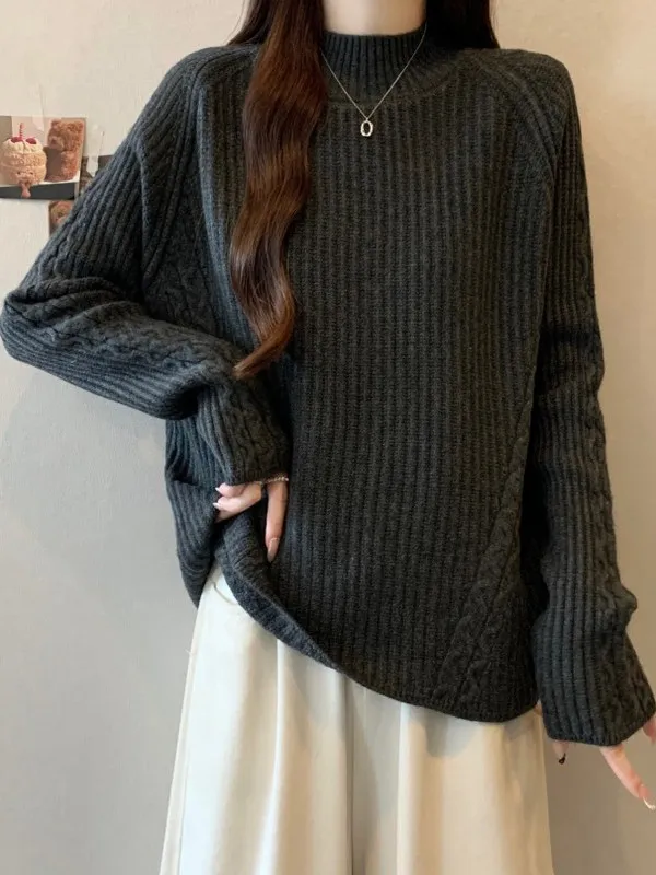 

plus Size Women's Grey Knitted Loose Fit Sweater Half High Neck Vintage Twist Design Casual Inner Wear Korean Style Autumn Wi...