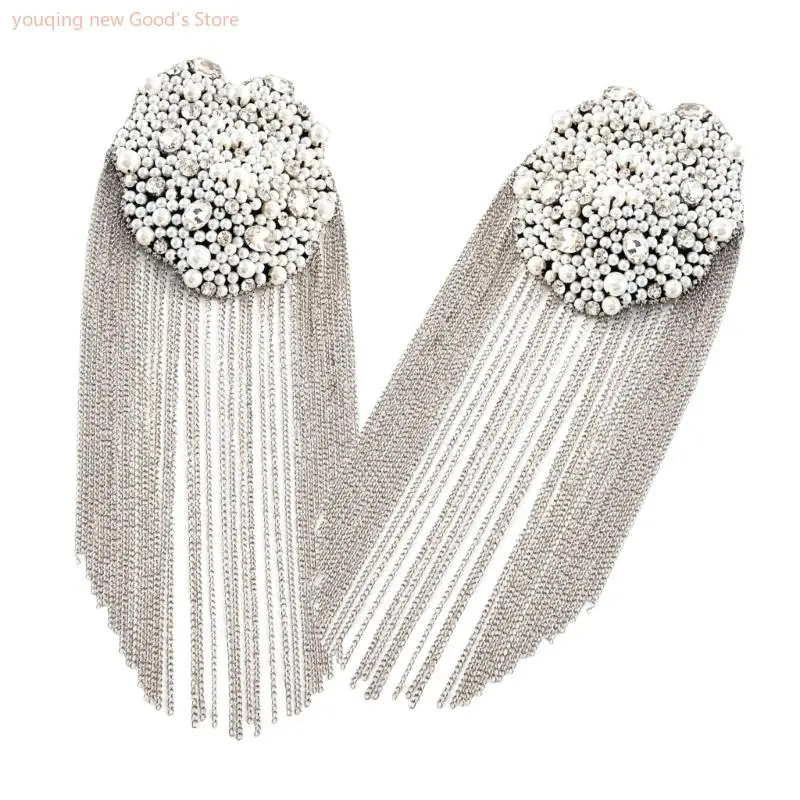 

49ME Popular Tassels Chain Shoulder Epaulettes with Crystal Bead for Casual and Formal Outfit Stage Show Suit Shoulder Badges