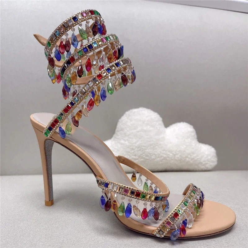 Ethnic Colorful Fringe Diamond Gem Ankle Strap Thin High Heels Open Toe Sandals 2024 Spring Summer Fashion Sweet Women Shoes