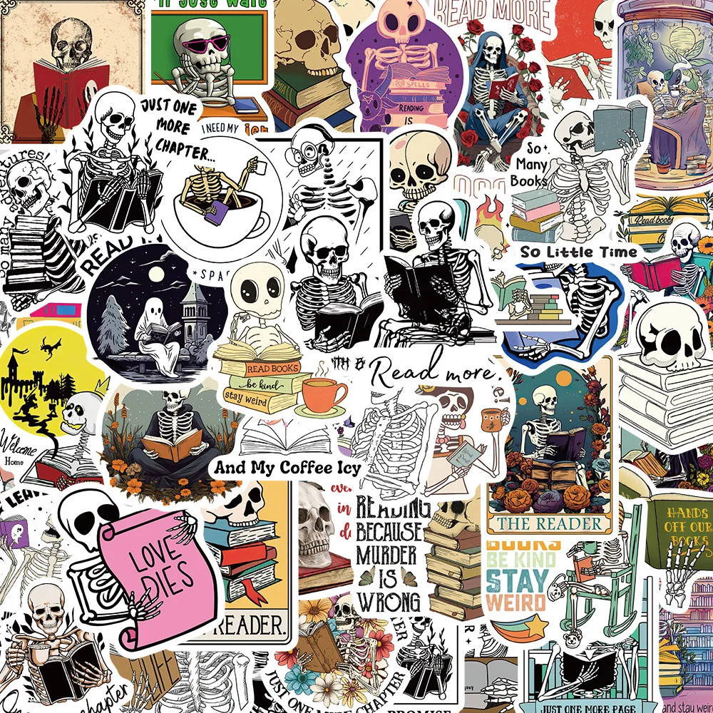 10/50PCS Funny Skull Reading Books Stickers Aesthetic DIY Phone Bottle Luggage Laptop Skateboard Car Graffiti Decals Toy Sticker