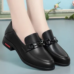 Elegant Soft Leather Shoes Women's Black Platform Loafers 2024 Spring Autumn Block Comfortable Shoes For Office Work Daily Mom