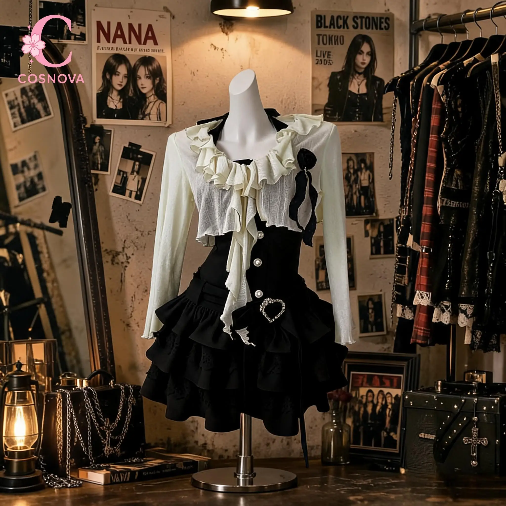 

Gothic Lolita Subculture Y2K 2 Piece Set Women Black White Ruffle Crop Cardigan Heart Rhinestone Layered Mini Skirt Harajuku