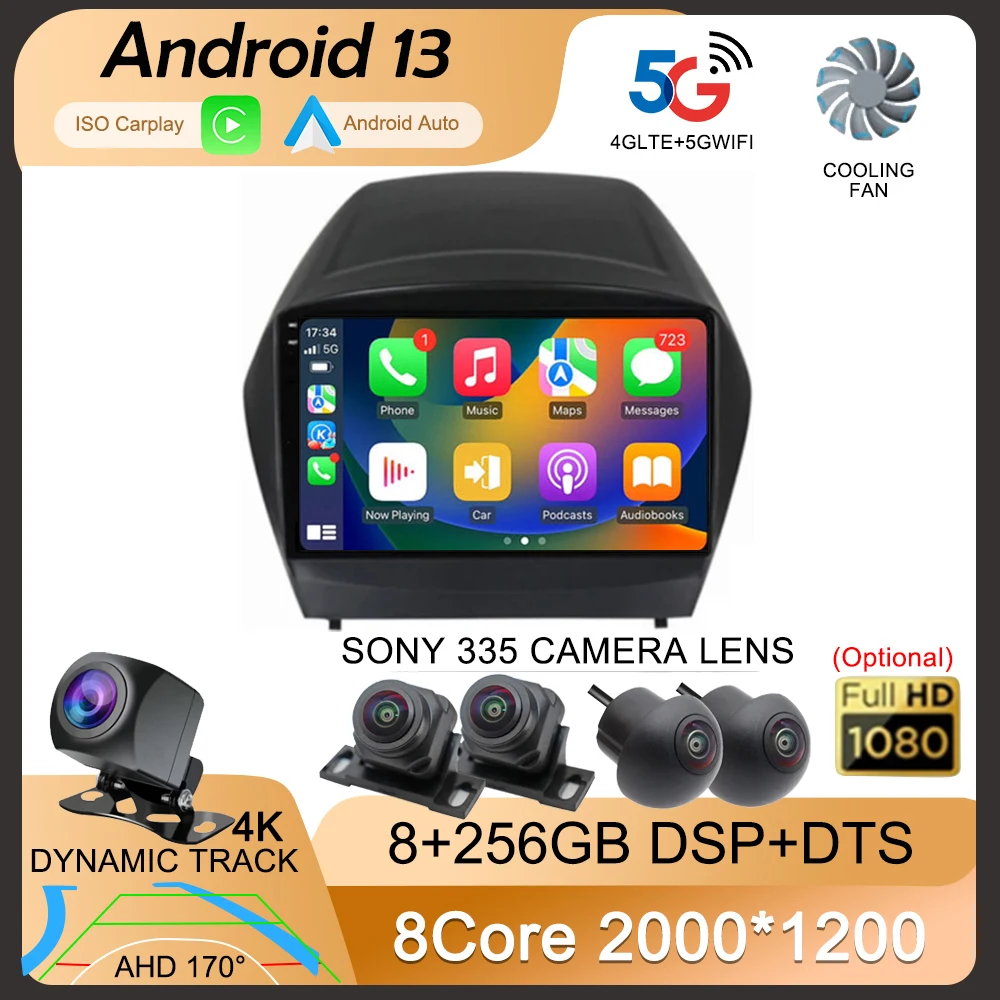 Radio Multimedia con GPS para coche, reproductor de vídeo con Android 13, Carplay, WIFI, 4G, DSP, 2Din, para Hyundai Tucson 2 LM IX35 2009-2015