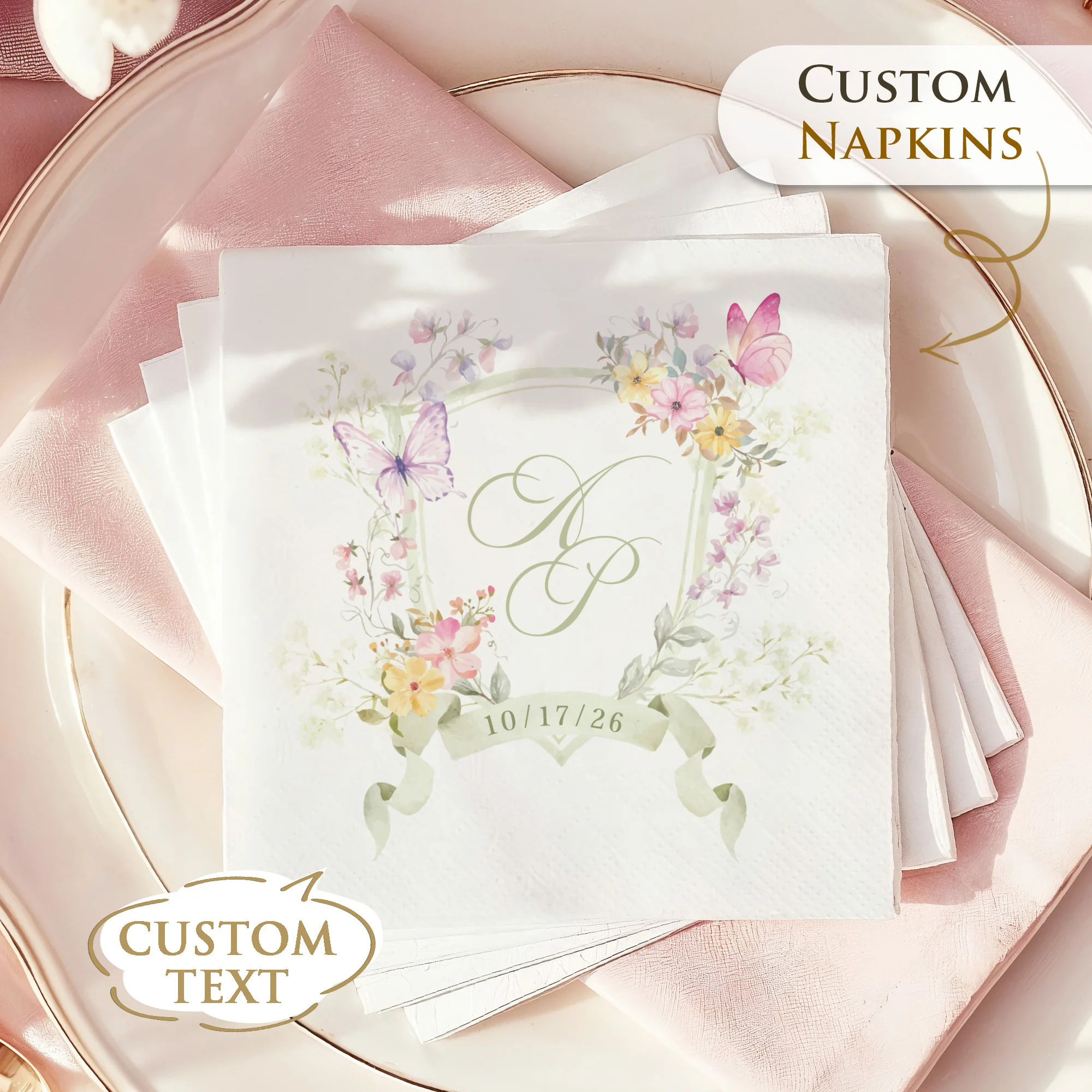 Personalisierte Servietten, 3-lagige, individuell gestaltete Cocktail-Servietten, Blumenmuster, Einweg-Papierservietten für Hochzeiten, Jubiläen und Brautpartys.