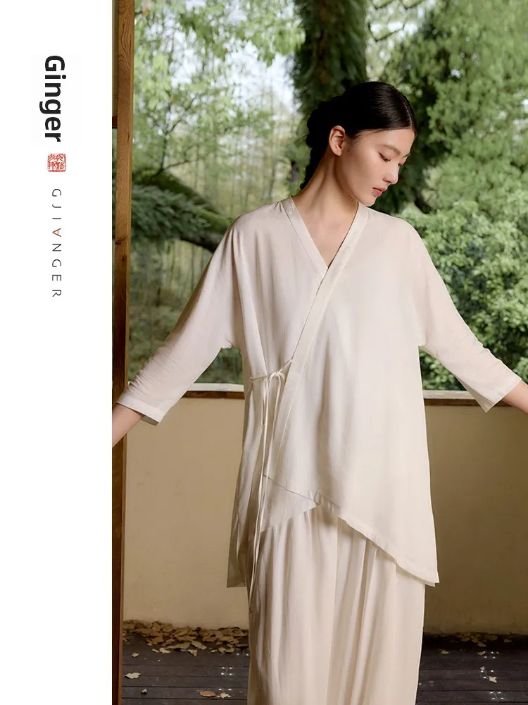 

New Chinese Sle Original Summer New Linen Retro Top Zen Practice Clothes Slanting Lapel Breathable Comfortable Women's irt