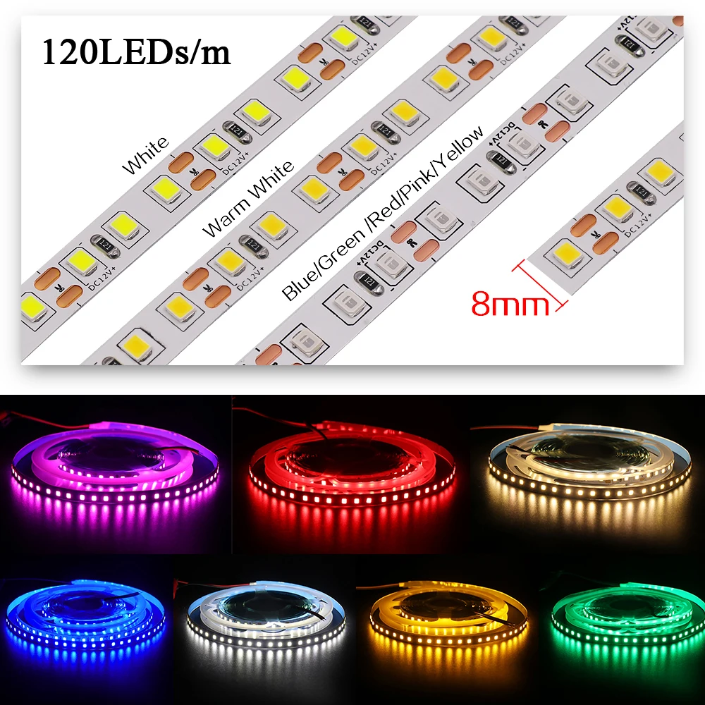 Cinta de luz Led Flexible, 2835 Led, 120Led, 240Led, 5M, Pixel, blanco, rosa, blanco cálido, azul, rojo, UV, DC12V, 24V