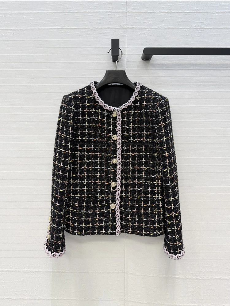 Spring Autumn Fashion Vintage Plaid Casual Straight Barrel Jackets Women's O-Neck Long Sleeve Sequins Crystal Beading Coat