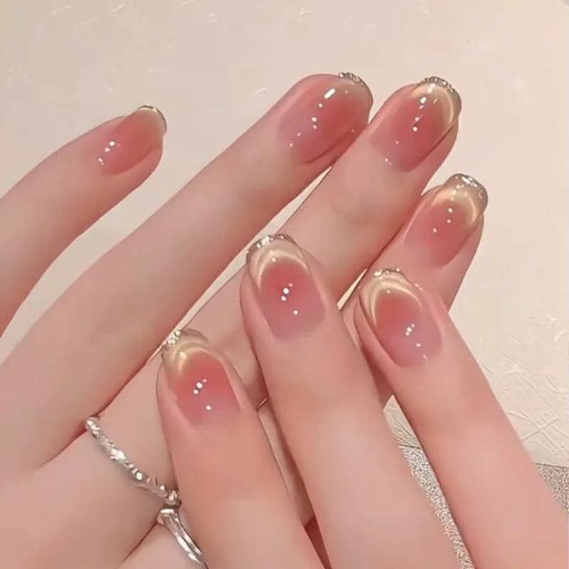 30Pcs Press-On Nails Nude-Pink Gradient with Subtle Shimmer and Gold Edges—French Cat-Eye Design Perfect As A Gift for Girls