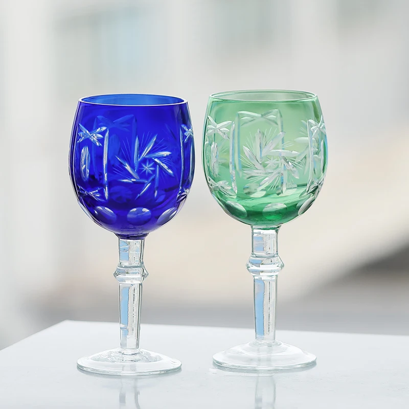 300ml Hand Cut Floral Pattern Edo Kiriko Crystal Tall Glass Whisky Glass Cup  Blue And Green Color with Gift Box 1 PC