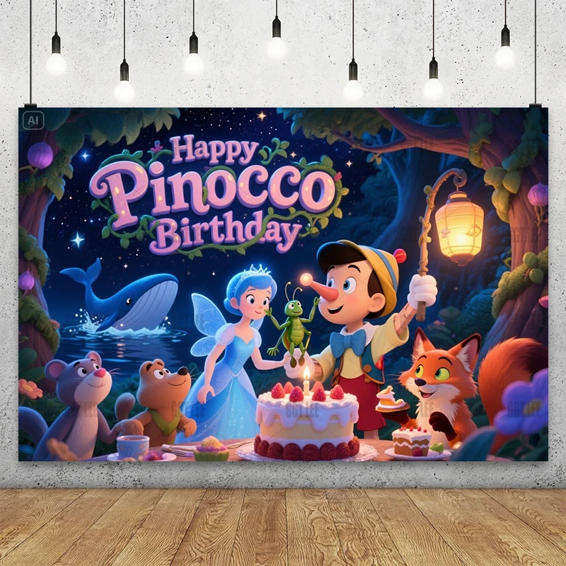 

MINISO Pinocchio & Blue Fairy Magic Forest Backdrop - Glowing Nose Fox Cat Cricket Lantern Whale Star Photography Banner Decor
