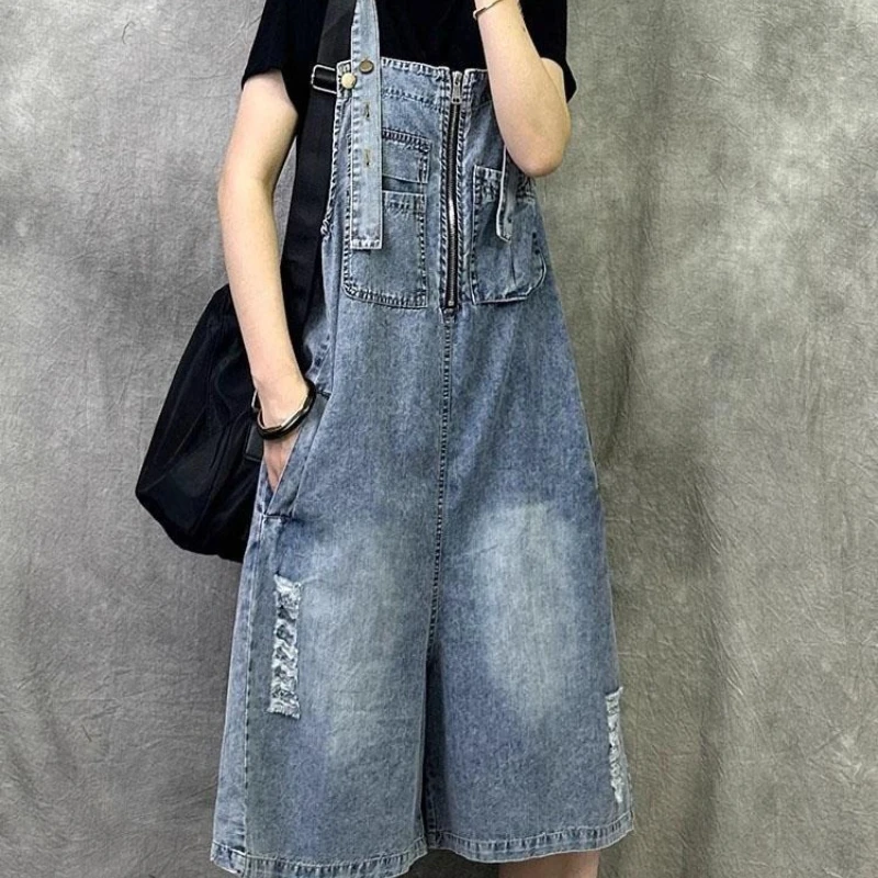 

Women's Retro Ripped Denim Overalls, Thin Loose Plus Size Fashion Suspender Shorts, Casual Summer One-Piece Denim Bottoms