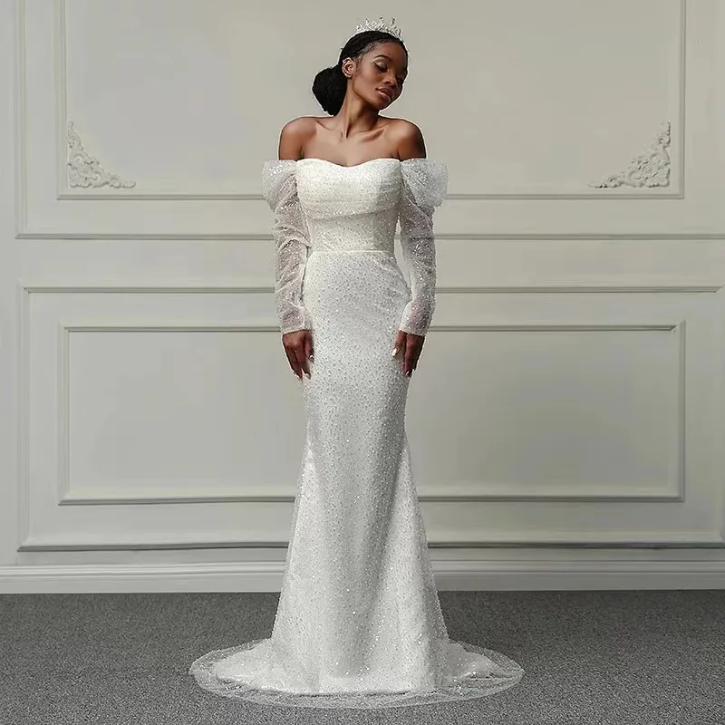 2024 new wedding dress African mermaid slim temperament elegant fishtail long bead embroidered lace-up trailing