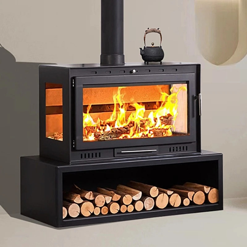 

Fireplace, real fire, wood burning, household heating stove, self built house, three sided viewing fireplace