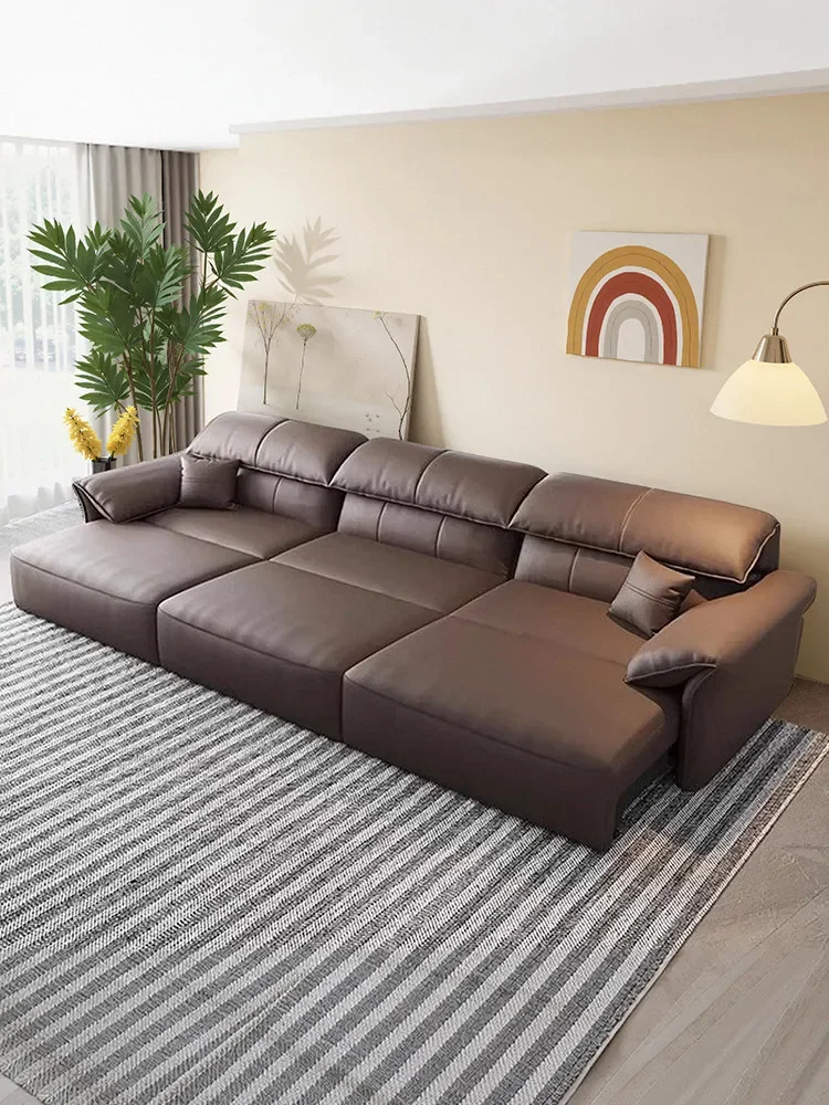 Living room dual-purpose small apartment Italian minimalist retractable leather sofa