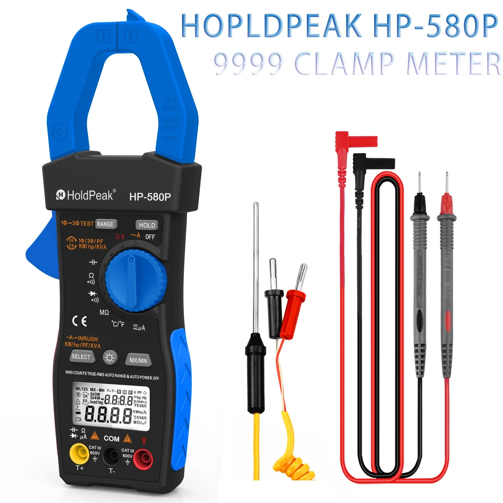 HOLDPEAK HP-580P Three-Phase  Clamp Meter 9999 Display Power Tester Meter In-Rush Current,True RMS,ACV,ACA,KW,KVA,for HVAC