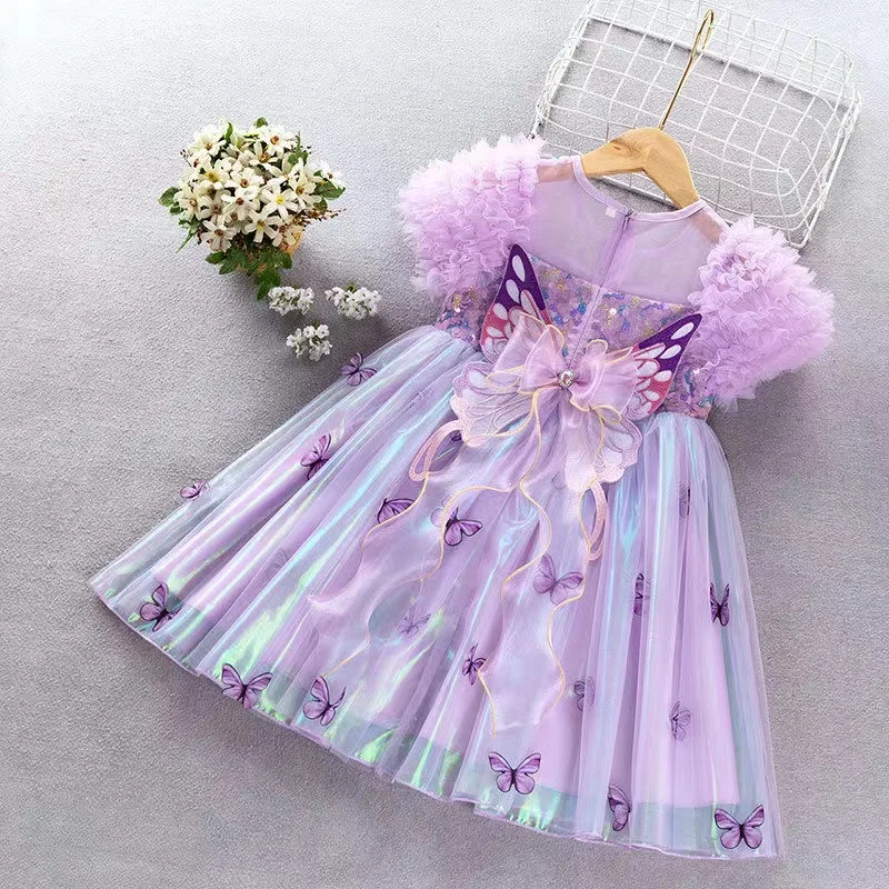 

2024 Summer New Girls Butterfly Wings Sequin Splice Dress Children Performance Dress Baby Bubble Sleeve Princess Dress