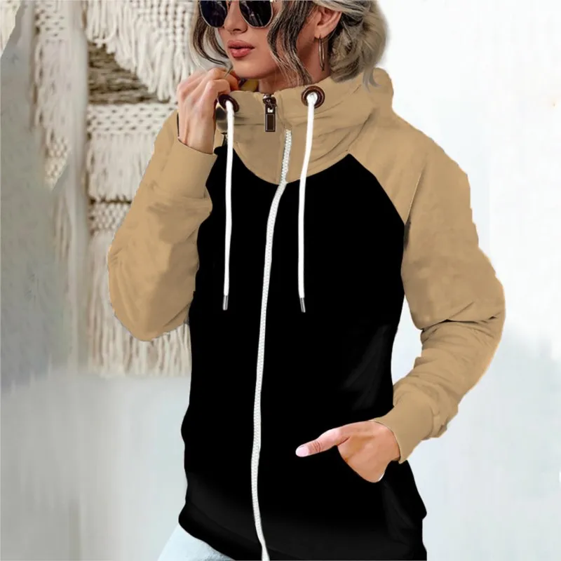 Women Casual Hoodies Autumn Long Sleeve Zipper Drawstring Hooded Sweatshirts Casual Hoodie Lady Fashion Patchwork Sportswear