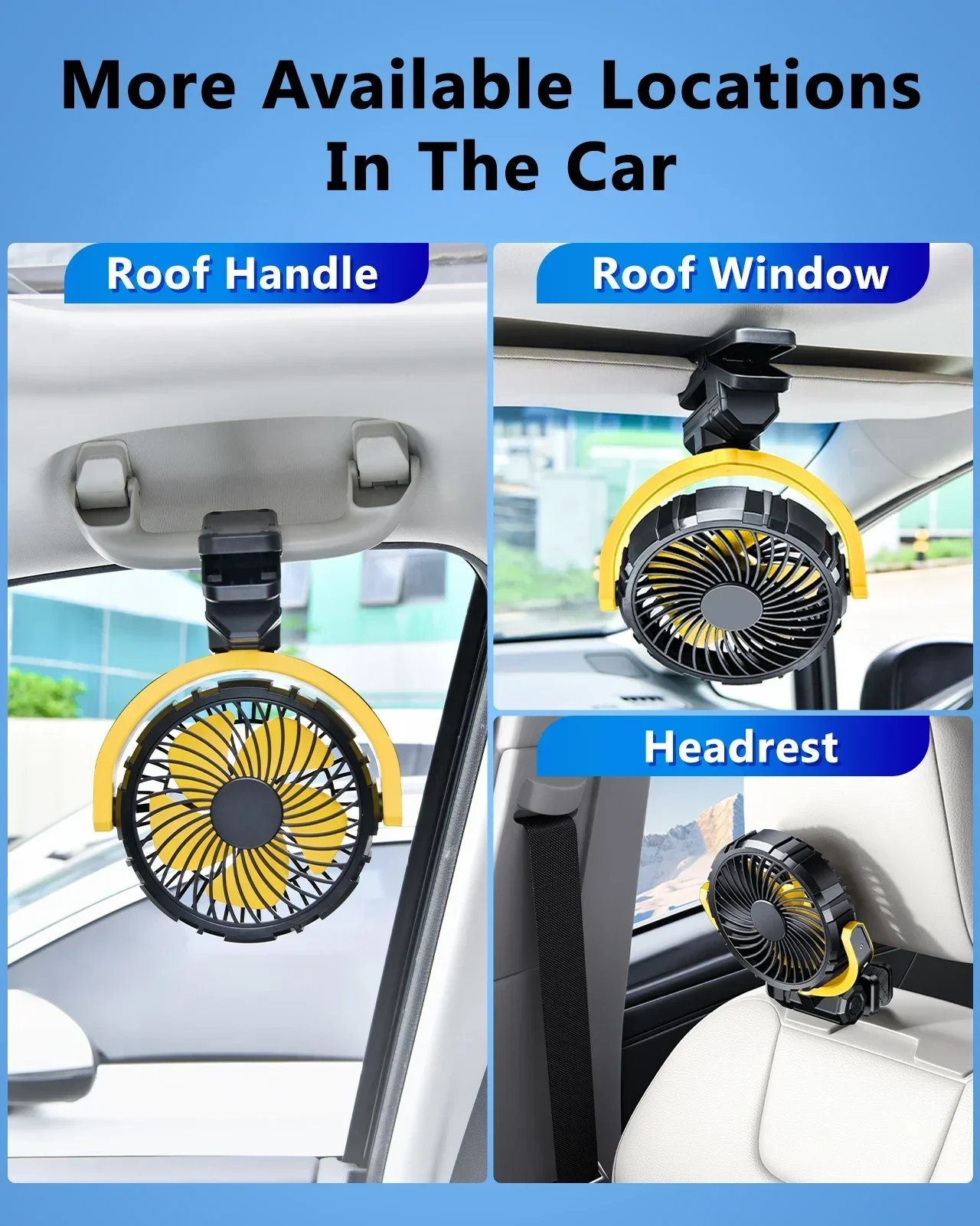مشبك سيارة محمول من إياري على مروحة بطارية 2000 مللي أمبير في الساعة قوية 3 سرعات هادئة 900 ° تدوير مروحة تبريد صغيرة قابلة لإعادة الشحن عبر USB للسيارة الإلكترونية #6