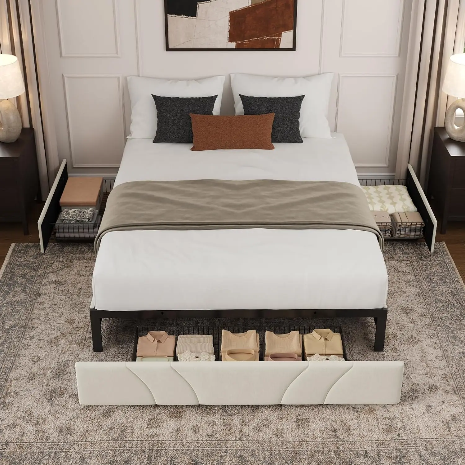 Queen Size Bed Frame Featuring Three Storage Drawers in White