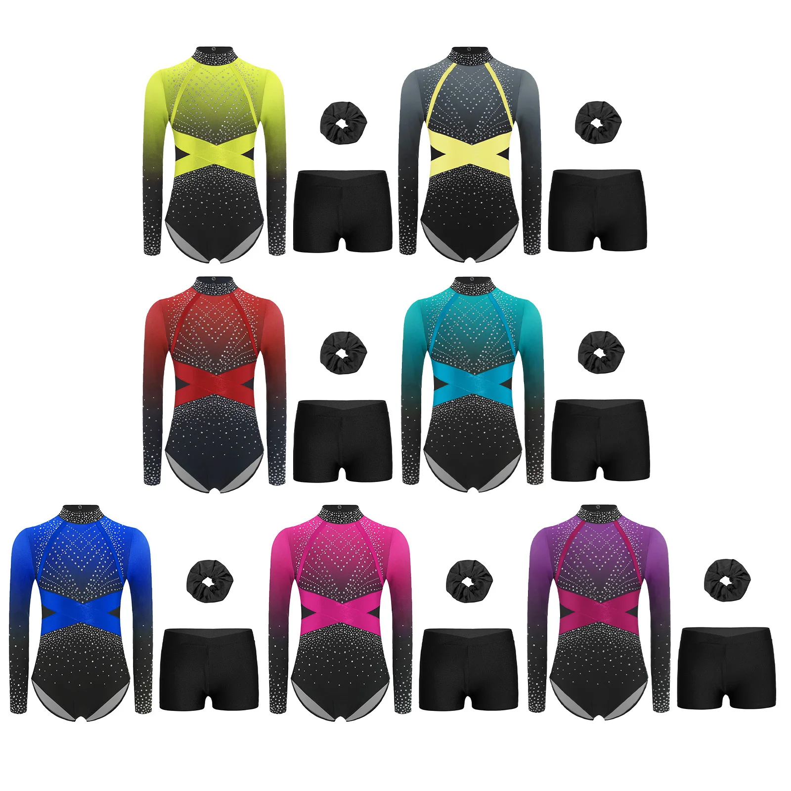 ملابس رقص الجمباز للفتيات بأكمام طويلة من حجر الراين للتزلج على الجليد مع شورت بحزام خصر مطاطي وعصابة شعر