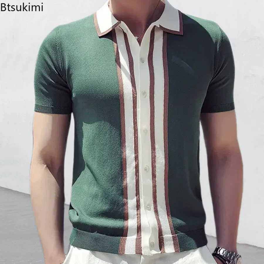 Camisa polo listrada de manga curta masculina, cardigã fino de malha, camiseta com botão de lapela, top estilo britânico, primavera e verão