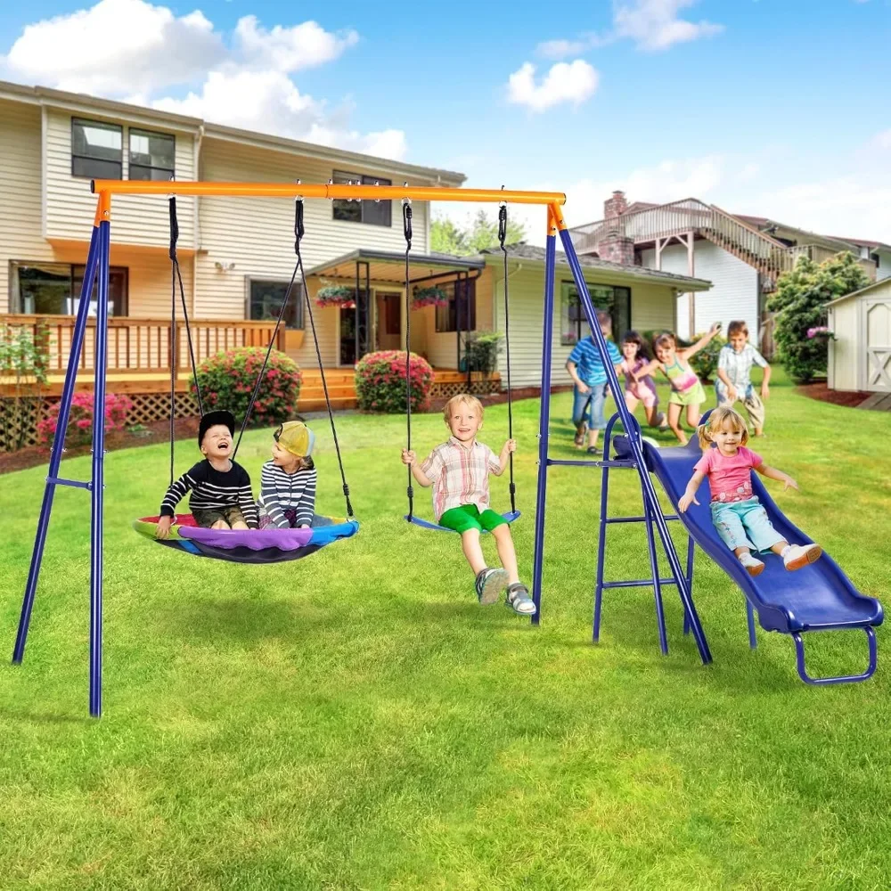 

Swing Set for Backyard with Kids Slide 440lbs Swing Set with Heavy-Duty Metal A-Frame Outdoor Swing Set