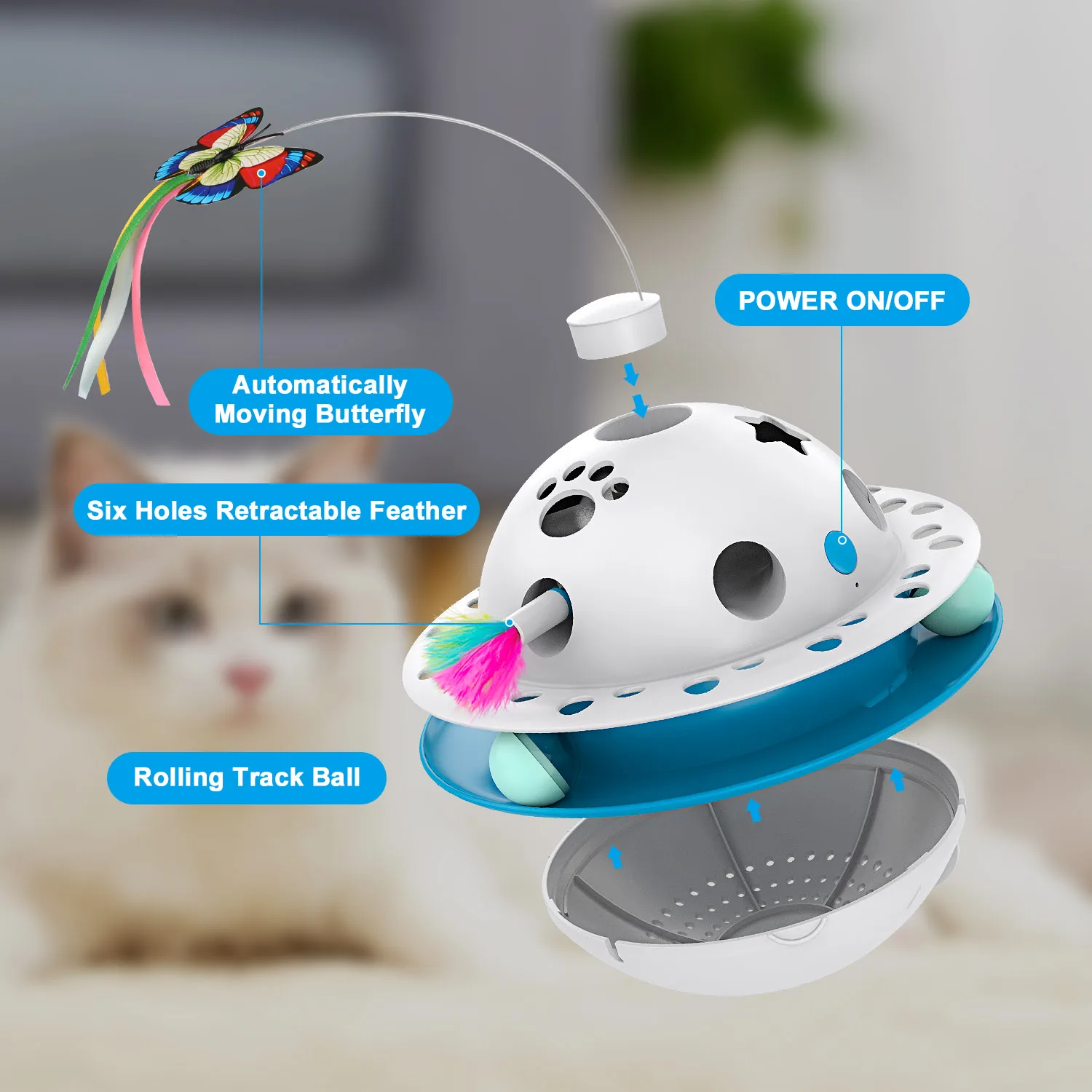 3 in 1 Automatic Cat Toy Electric Fluttering Butterfly + Rotating Track Balls + Ambush Feather, Interactive Fun Pet Toys Indoor