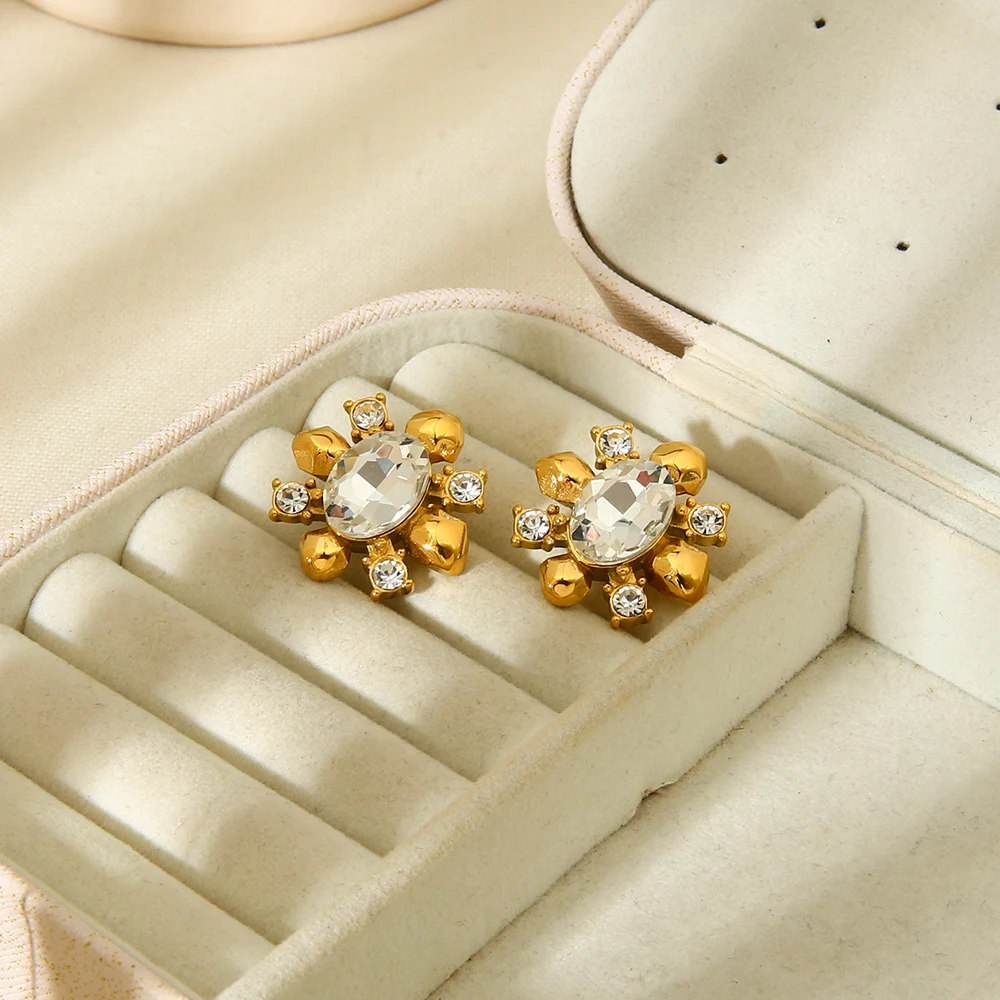 Luxury Bling White Rhinestone Stainless Steel Flower Stud Earrings Gold Color Temperament Metal Waterproof Jewelry for Women
