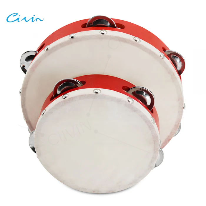 Music Teaching Tools Durable Sheepskin Drumhead Single Row Wooden Hand Held Drum Tambourines With Metal Jingles