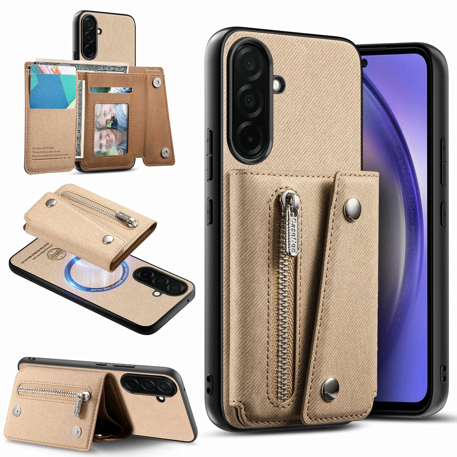 Zipper Wallet Denim-textured leather Phone Case For Samsung S26 Ultra S25 S24 Plus S23 S22 A17 A07 A57 Shockproof Stand Cover