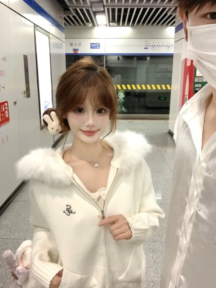 

White Hooded Knitted Sweater Coat Women's Thiened Loose Cardigan Top Double Zipper Casual Sle Autumn Winter Outerwear