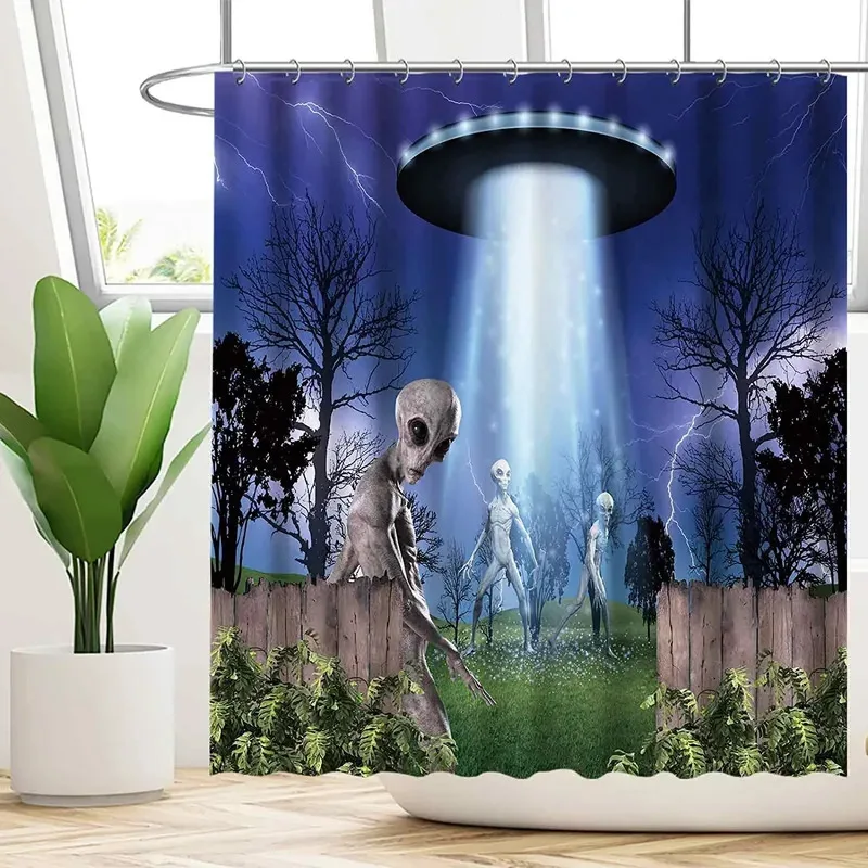

FWM05Ufo Alien By Ho Me Lili Занавеска для душа для ванной комнаты Космический корабль Научная фантастика Домашние ванны Декор Набор с крючками6Hn$