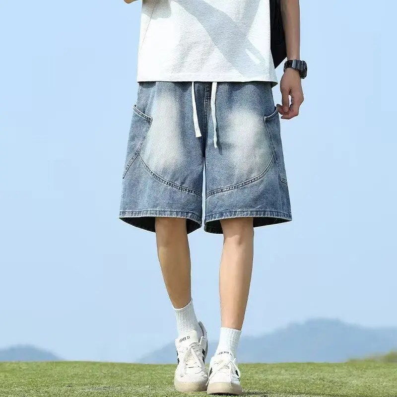 American Retro Men's Denim Shorts Summer Loose Wide Leg mid Waist Drawstring Multi Pocket Straight Tube Five-Point Pants