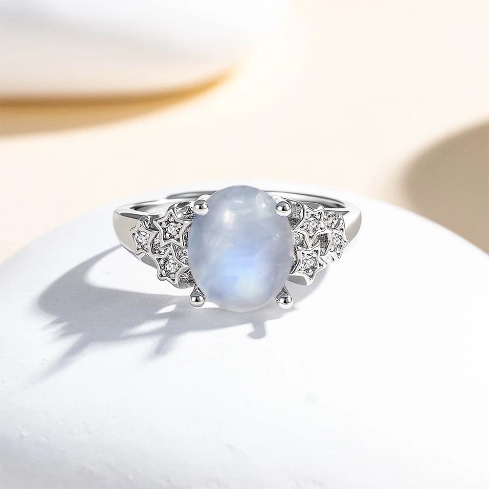 

Sterling Silver Rings 925 Zircon Ring with Moonstone 8*10MM Natural Stone Star Shape Sweet Rings Fine Jewelry Gifts for Women