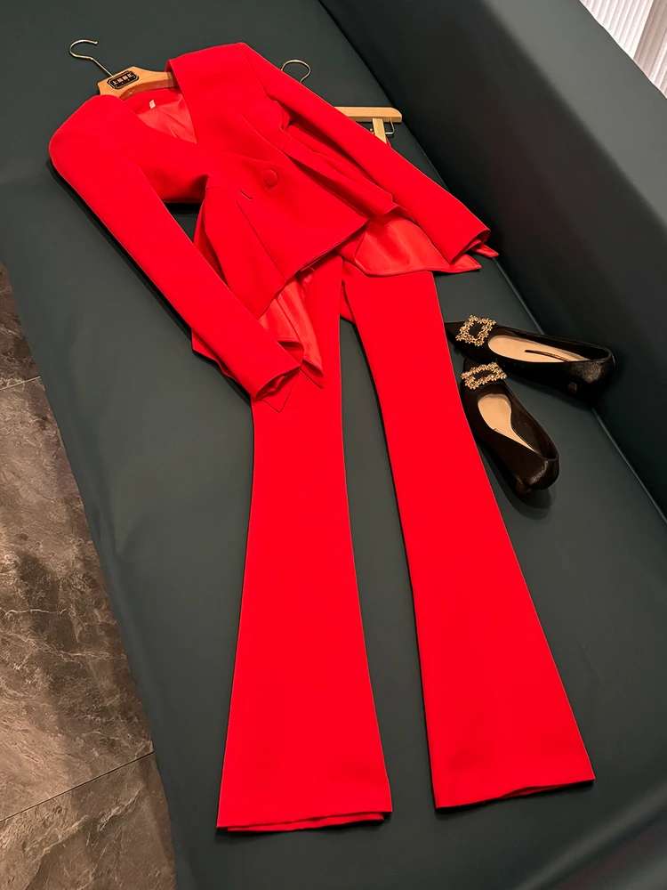 

Ele New Sle A-Line Jaet Top And Micro Flared Pants Two-Piece Set Slim Fit with Lace Hemline Women's Faion Ensemble