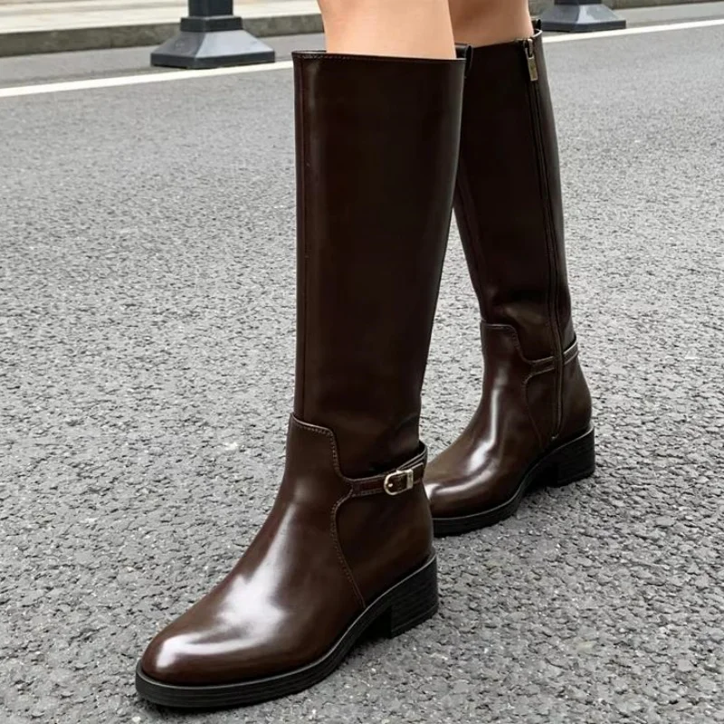 Vintage Brown Soft Leather Knee Boots Women Luxury Metal Buckle Decoration Designer Boots Comfortable Waterproof Platform Boots
