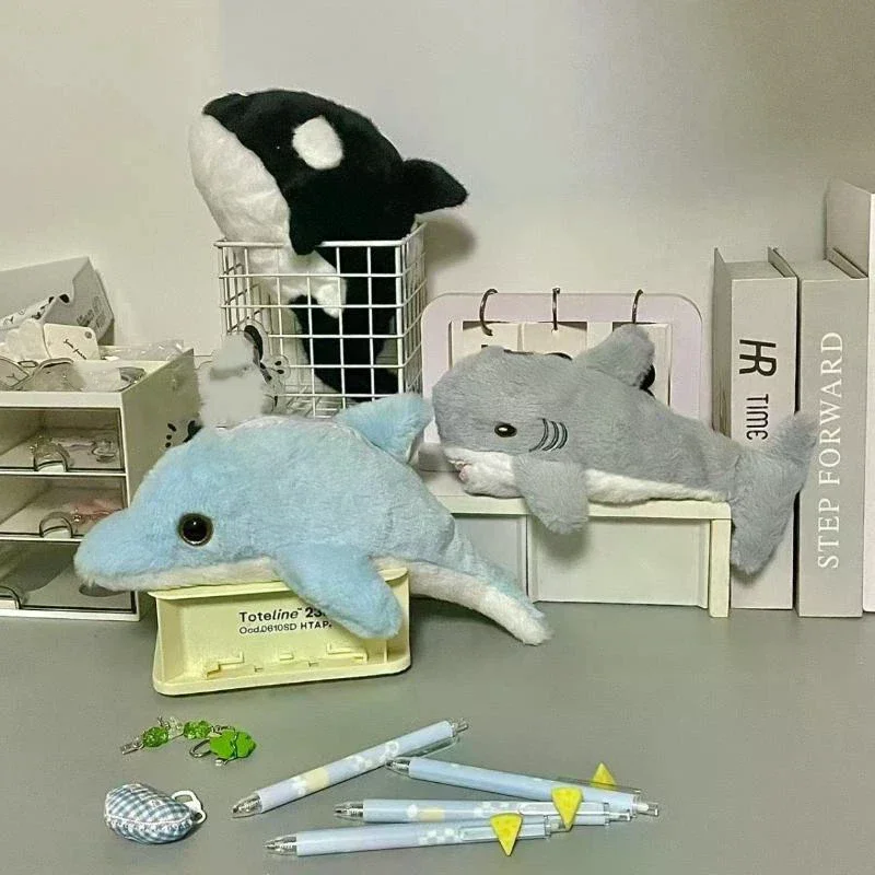 

Cute Cartoon Little Dolphin Shark Plush Pen Case Large Capacity Stationery Storage Bag Pencil Case Multi Functional Plush Bag