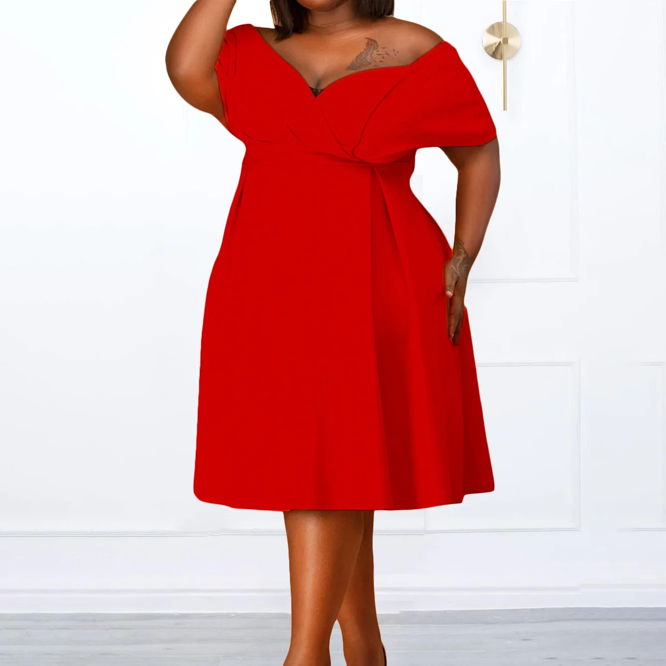 2026 Women's Summer Short Sleeve V-neck Solid Color Tie Strap Off-shoulder Plus Size Mom Dress Women's Formal Evening Gowns Robe