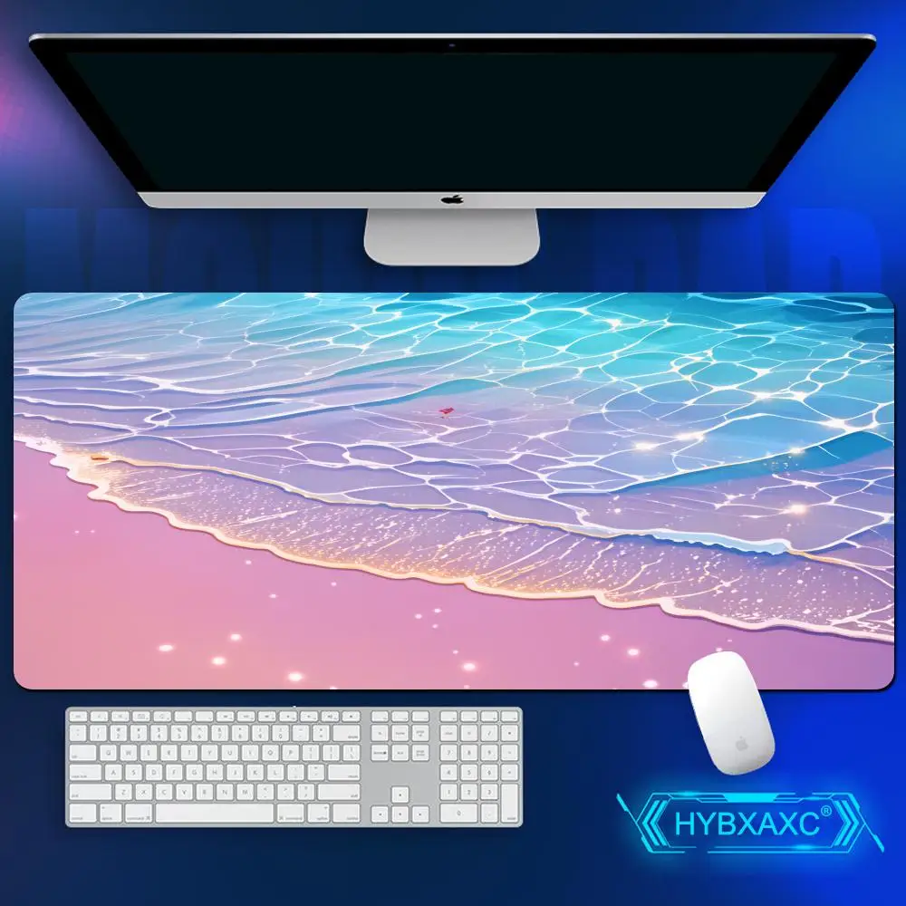 

HYBXAXC Non-Slip Rubber Base Mouse Pad - Pastel Beach Scene Design with Starry Sky Ocean Waves, Large Gaming Office Desk Mat for