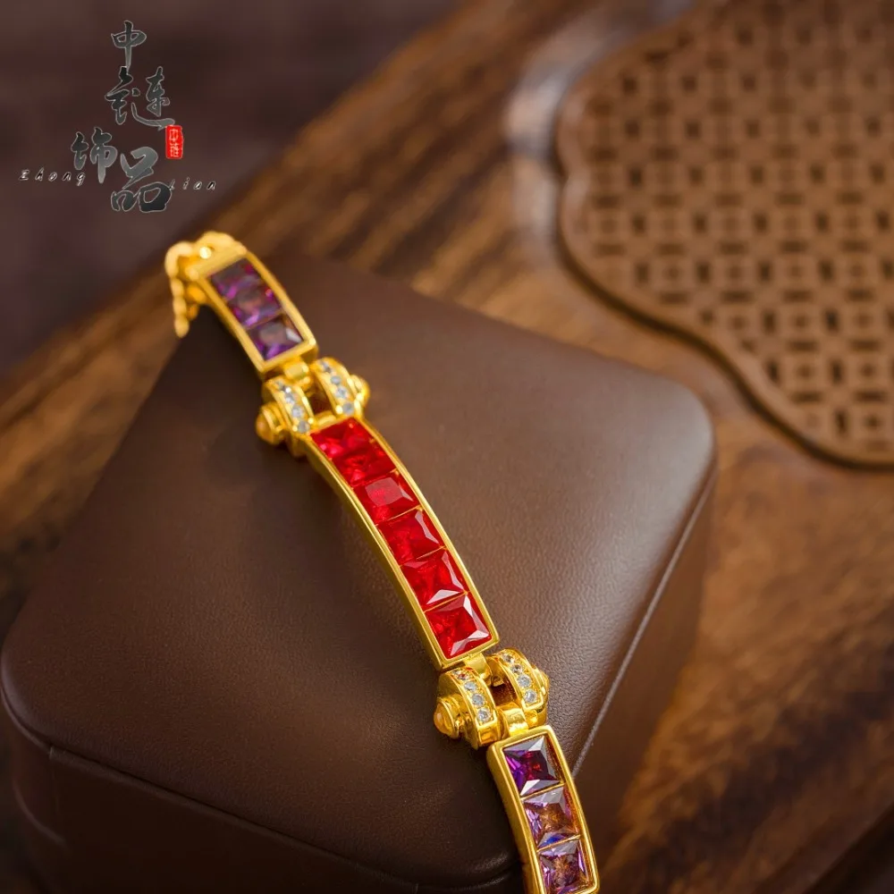 Classic double matching color sugar gem bracelet niche advanced insetting red corundum 9999gold