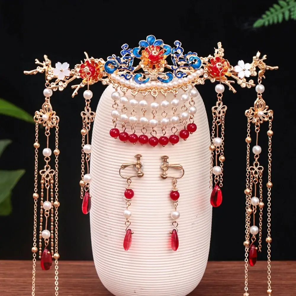 Elegant Hairpin Flower Alloy Pearl Butterfly Hair Combs Bridal Wedding Jewelry Set Hair Stick Chinese Style Crown Earrings