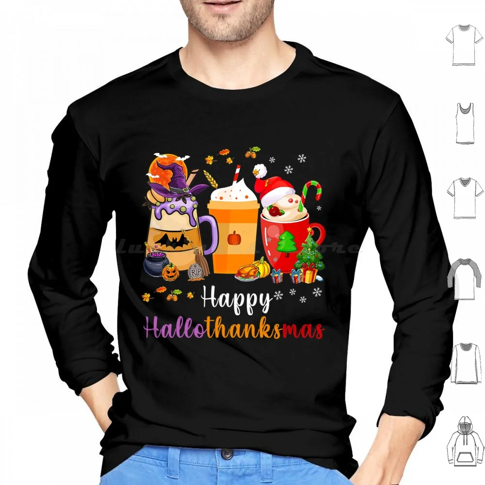 Happy Hallothanksmas Coffee Latte Halloween Thanksgiving Hoodie cotton Long Sleeve Halloween Pumpkin Pumpkins Spooky