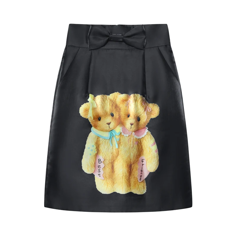 

SUBROSA PL Bla Crystal Satin Friend Bear Print Knot f Skirt Sweet Sle High Waist Midi Skirt Polyester 00%