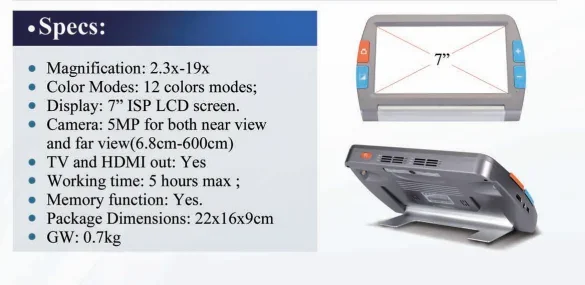 Lente d'ingrandimento video elettronica portatile con schermo da 7" per leggere giornali