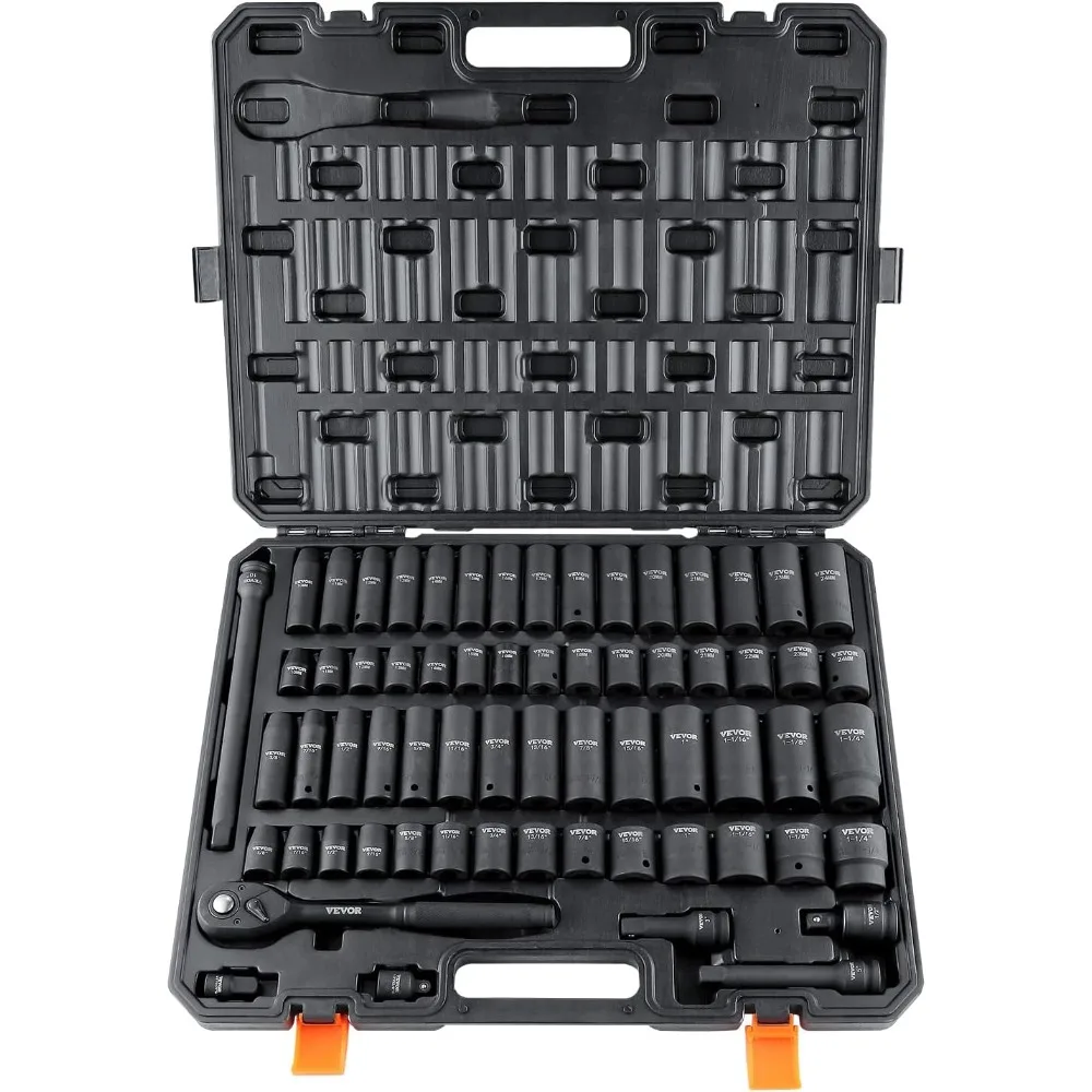 

1/2" Drive Impact Socket Set, 65 Piece SAE 3/8" to 1-1/4" and Metric 10-24mm, 6 Point Cr-V Alloy Steel for Auto Repair, Easy-to