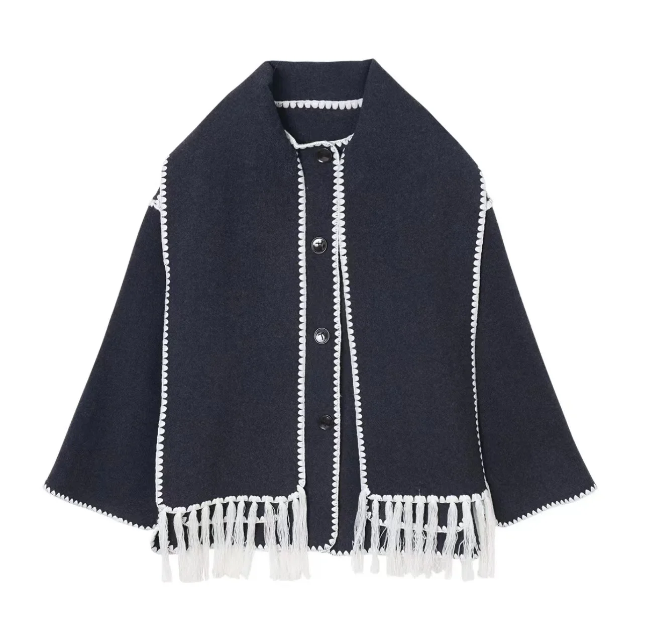 Double-sided wool coat shell embroidery 2023 autumn and winter new tassel woven ditch edge with scarf woolen coat women