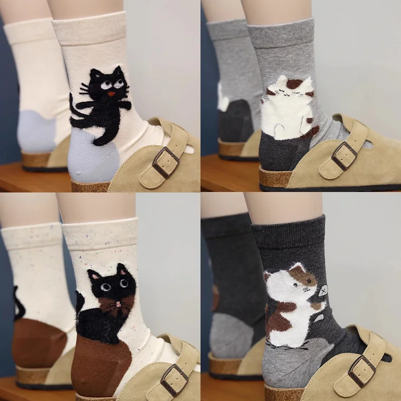 

1/2/4pairs Winter Warm Funny Cute Cats Print Sock for Women Men Lovely Cat Mid-tube Socks Harajuku Cotton Soft Home Floor Socks